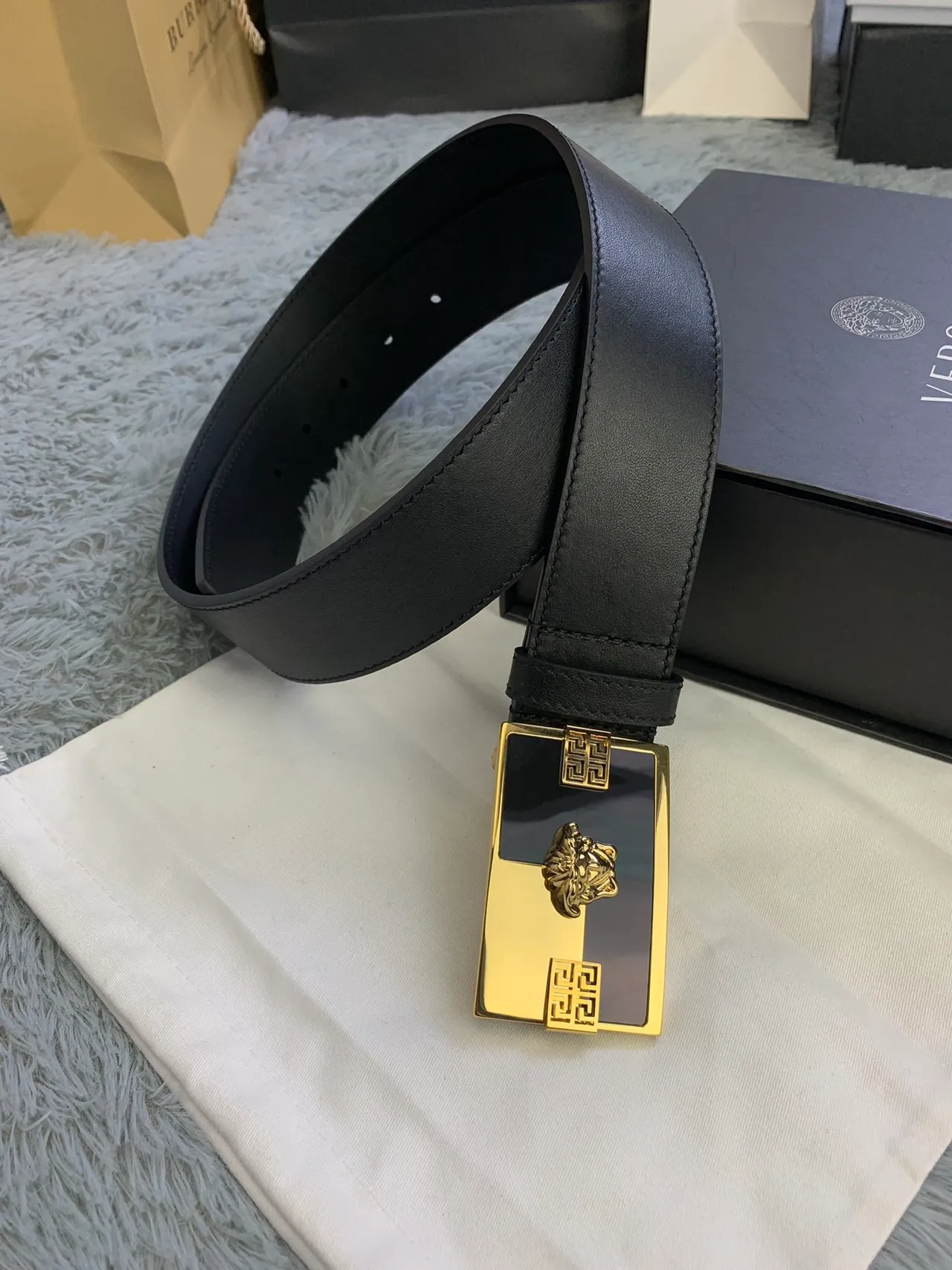 Versace Odissea Black Gold Smooth Rectangular Buckle Leather Belt 7