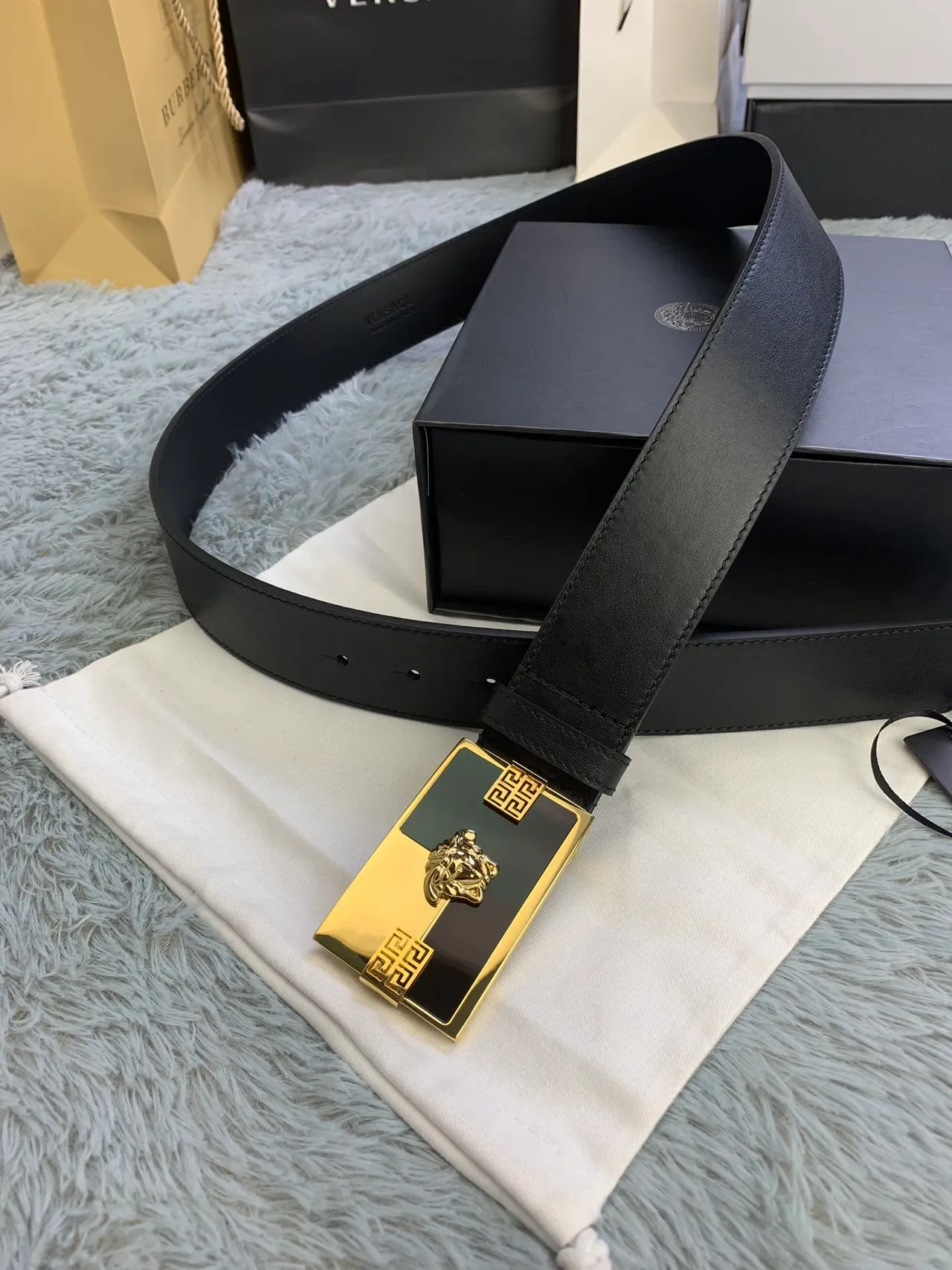 Versace Odissea Black Gold Smooth Rectangular Buckle Leather Belt 8