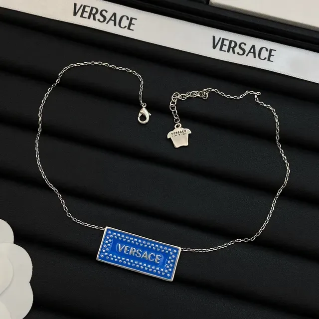 Versace Plaque Necklace Blue Pink Rectangular Enamel Studded Border Necklace 2