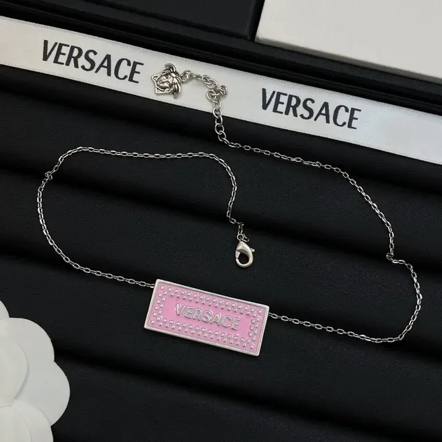 Versace Plaque Necklace Blue Pink Rectangular Enamel Studded Border Necklace 3