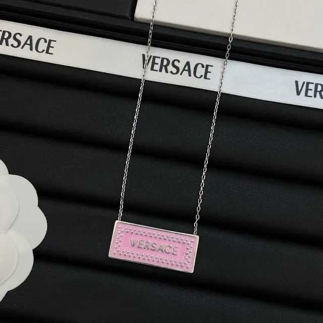 Versace Plaque Necklace Blue Pink Rectangular Enamel Studded Border Necklace 4