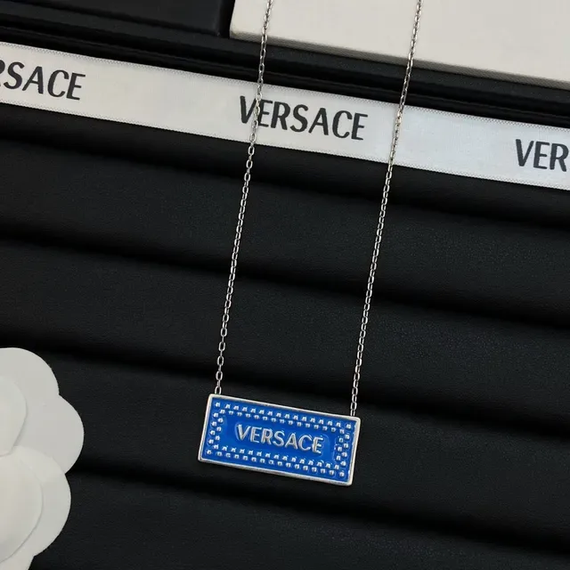 Versace Plaque Necklace Blue Pink Rectangular Enamel Studded Border Necklace 5