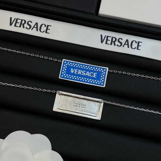 Versace Plaque Necklace Blue Pink Rectangular Enamel Studded Border Necklace 6
