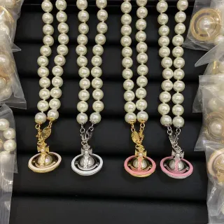 Vivienne Westwood Orb Beige Gold Pearl Strand Pendant Necklace