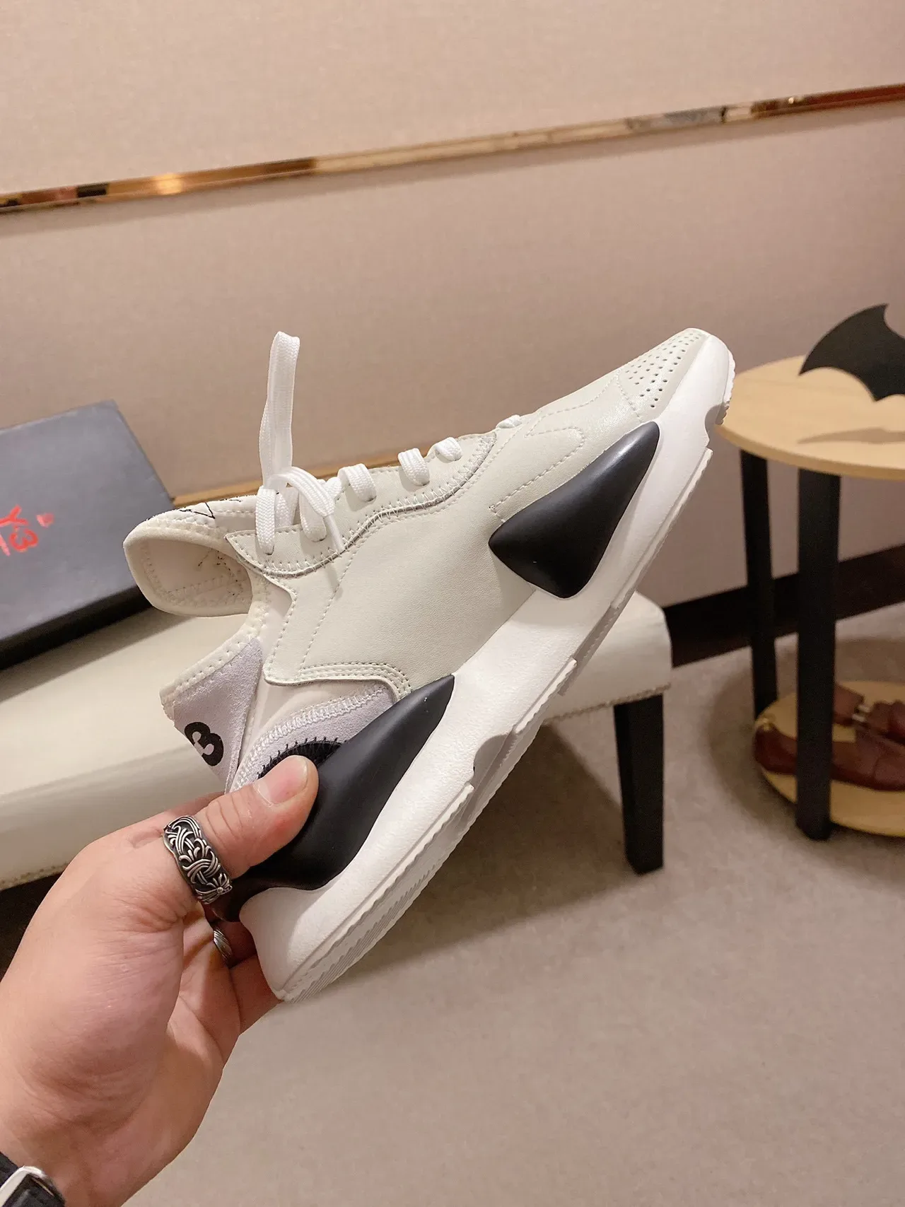 Yohji Yamamoto Beige Black Asymmetrical Midsole Wrap Layered Leather Upper Lifestyle Sneakers 6
