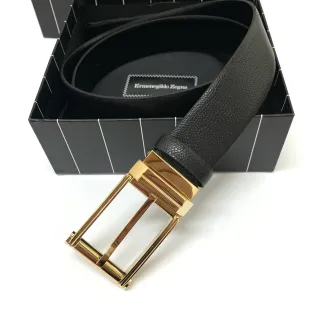 Ermenegildo Zegna 黑色金色 纹理 粒面 抛光 矩形扣头 皮革腰带