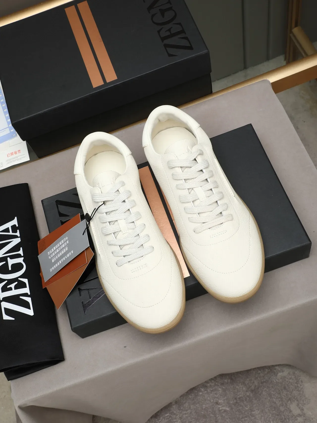 Zegna Beige Brown Textured Pebbled Leather Upper Minimalist Side Seam Sneakers 3