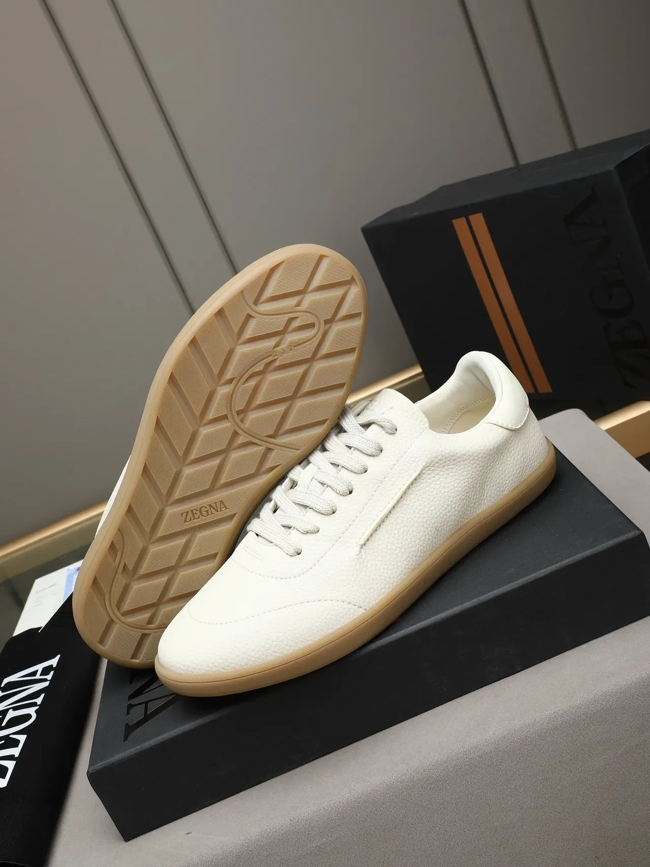 Zegna Beige Brown Textured Pebbled Leather Upper Minimalist Side Seam Sneakers 5