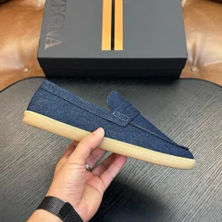Zegna 蓝色米色牛仔布上层便士带乐福鞋
