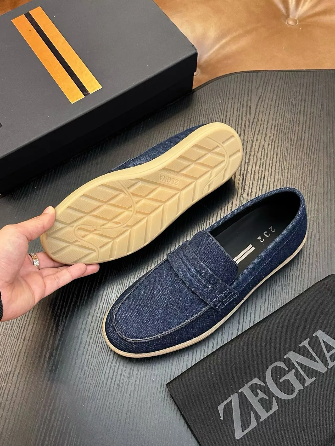 Zegna Bleu Beige Denim Supérieure Bride Penny Mocassin 2