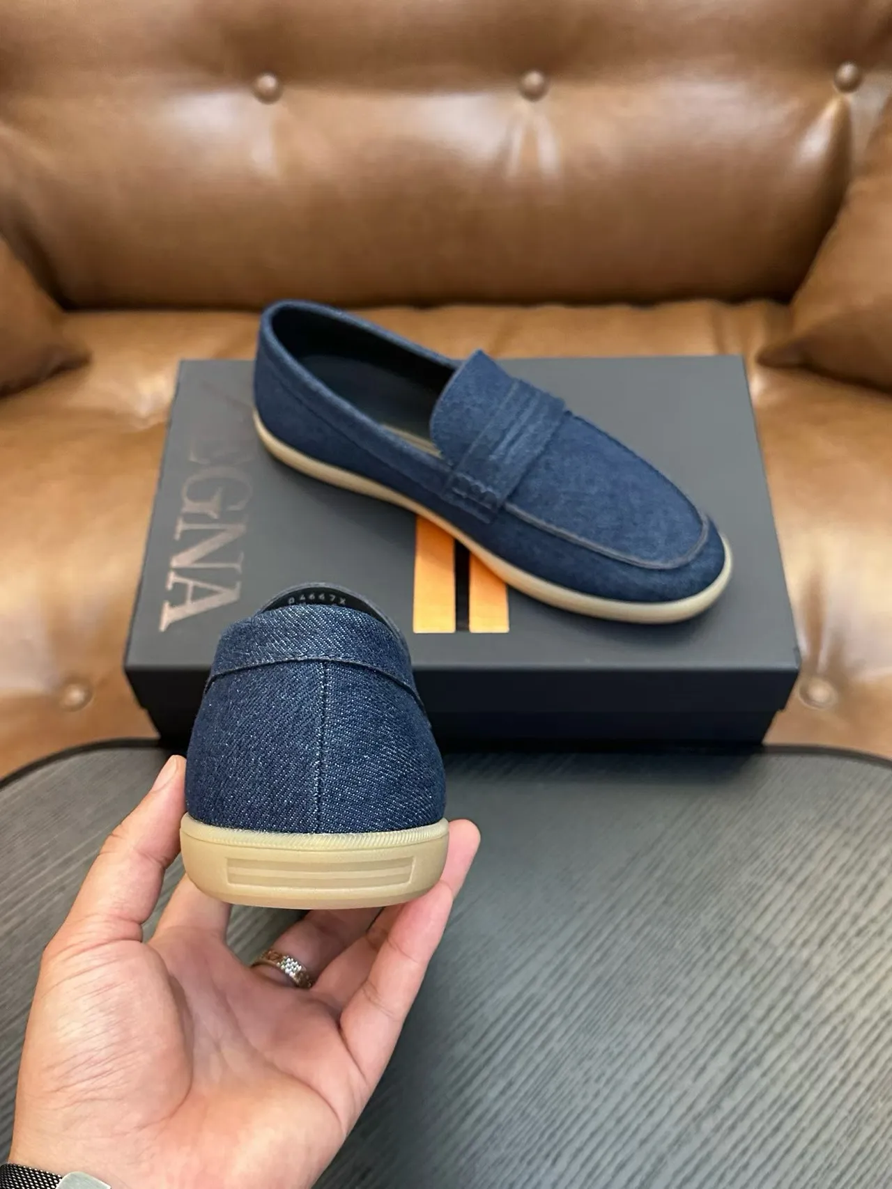 Zegna Bleu Beige Denim Supérieure Bride Penny Mocassin 3