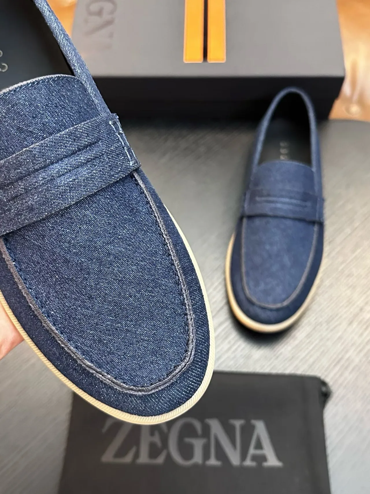 Zegna Bleu Beige Denim Supérieure Bride Penny Mocassin 4