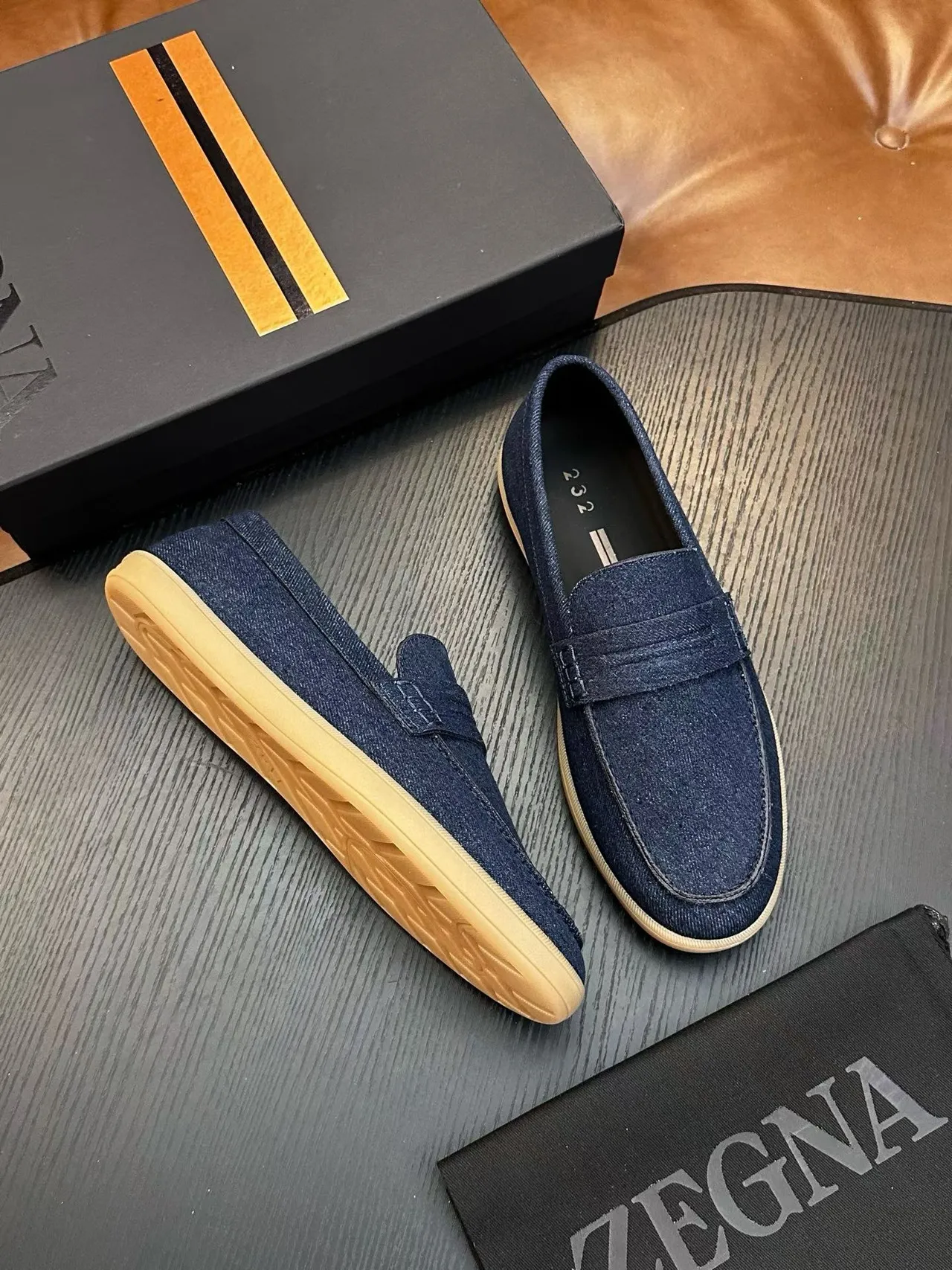 Zegna Bleu Beige Denim Supérieure Bride Penny Mocassin 5