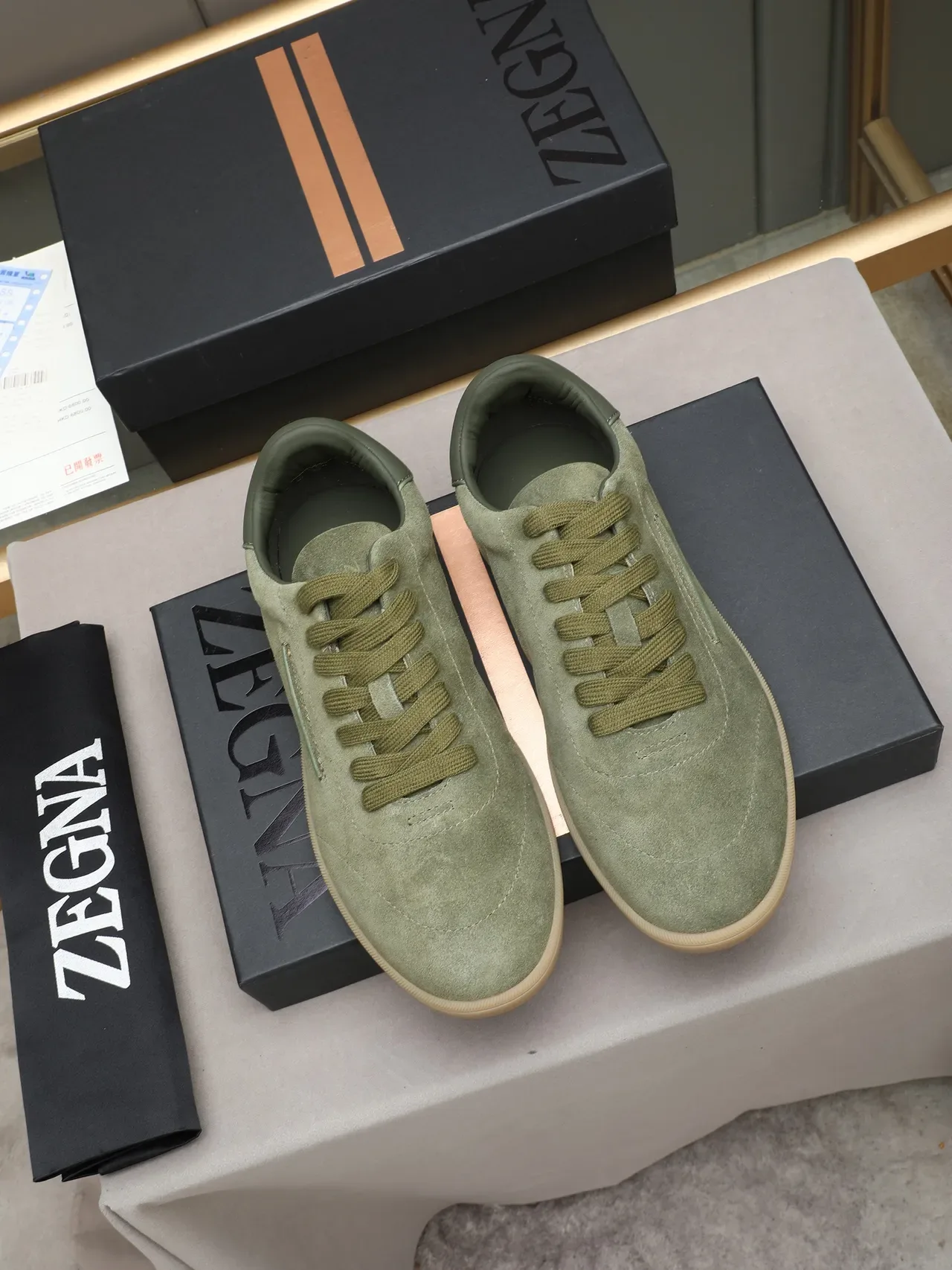 Zegna Olive Green Suede Low-Top Sneaker 2