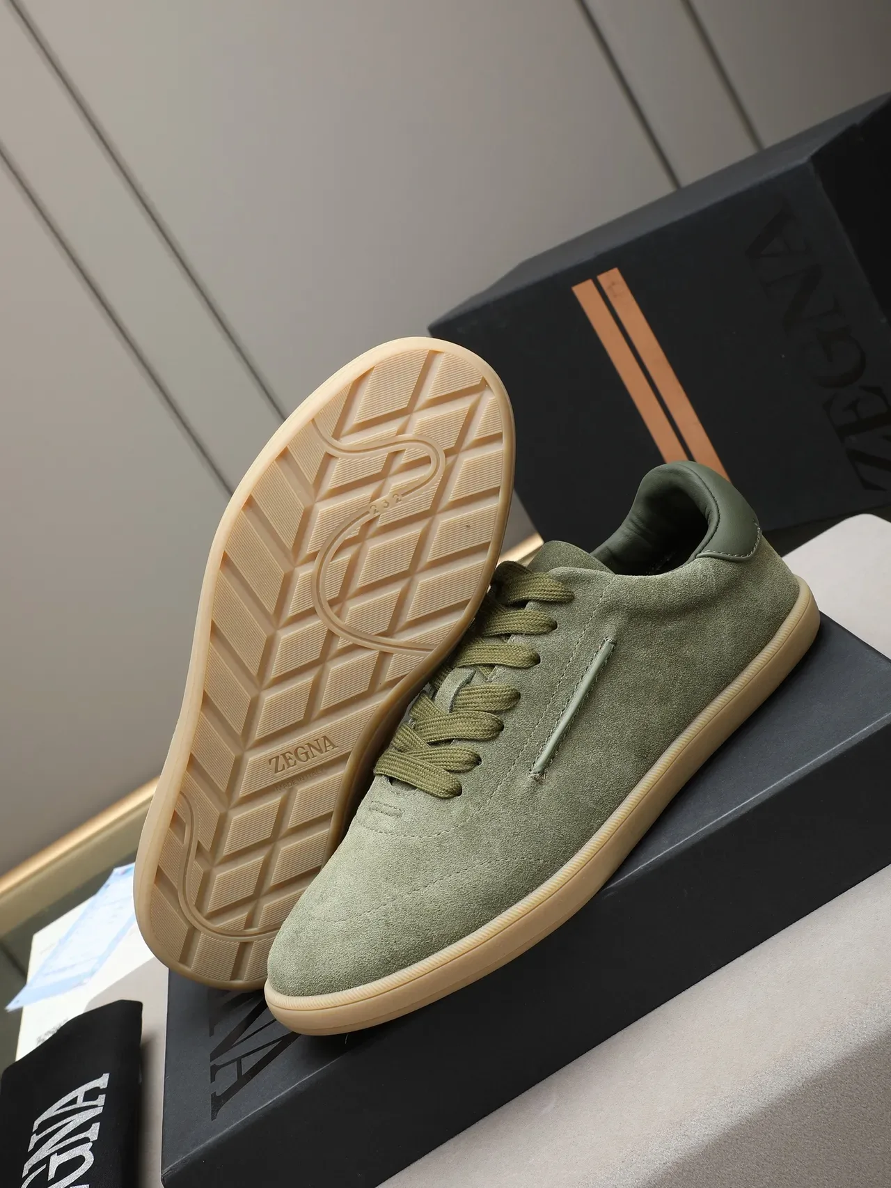 Zegna Olive Green Suede Low-Top Sneaker 4