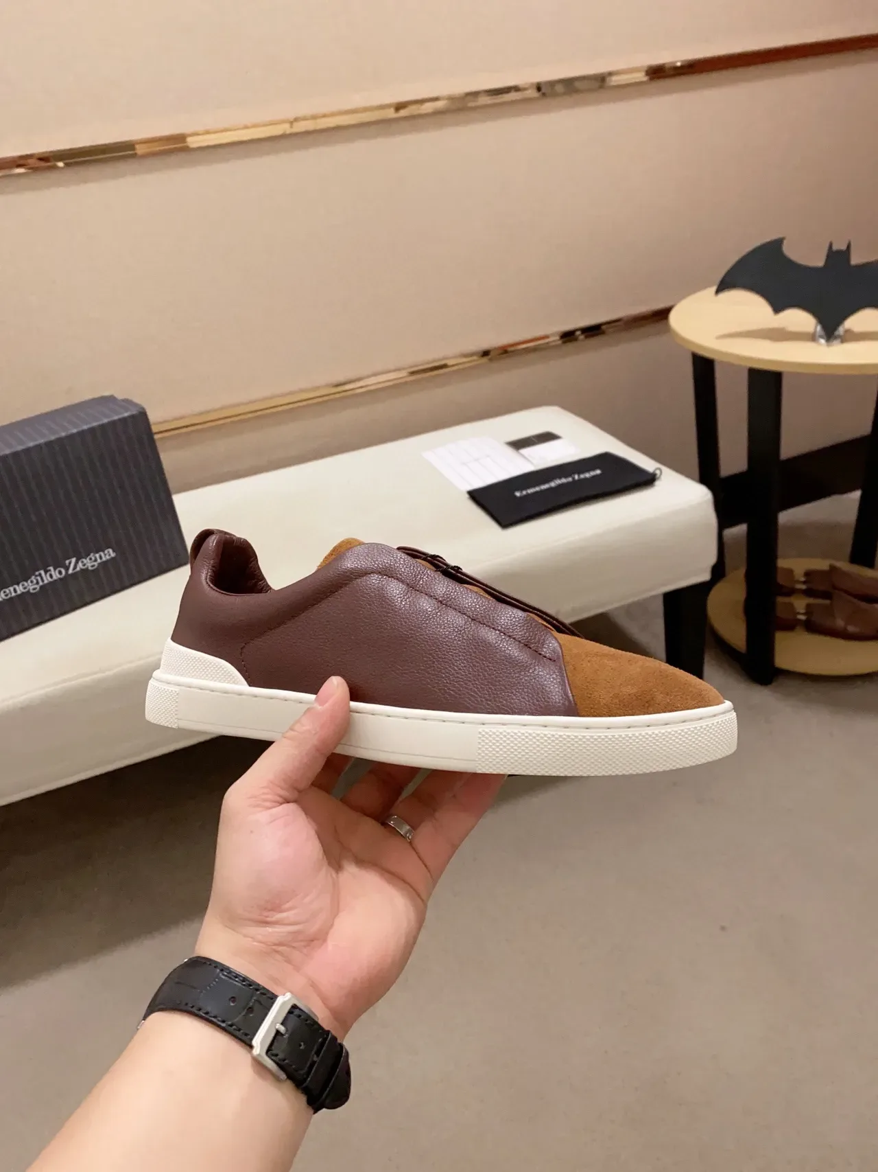 Zegna Tênis Slip-On Lifestyle de Couro e Camurça de Duas Cores 7