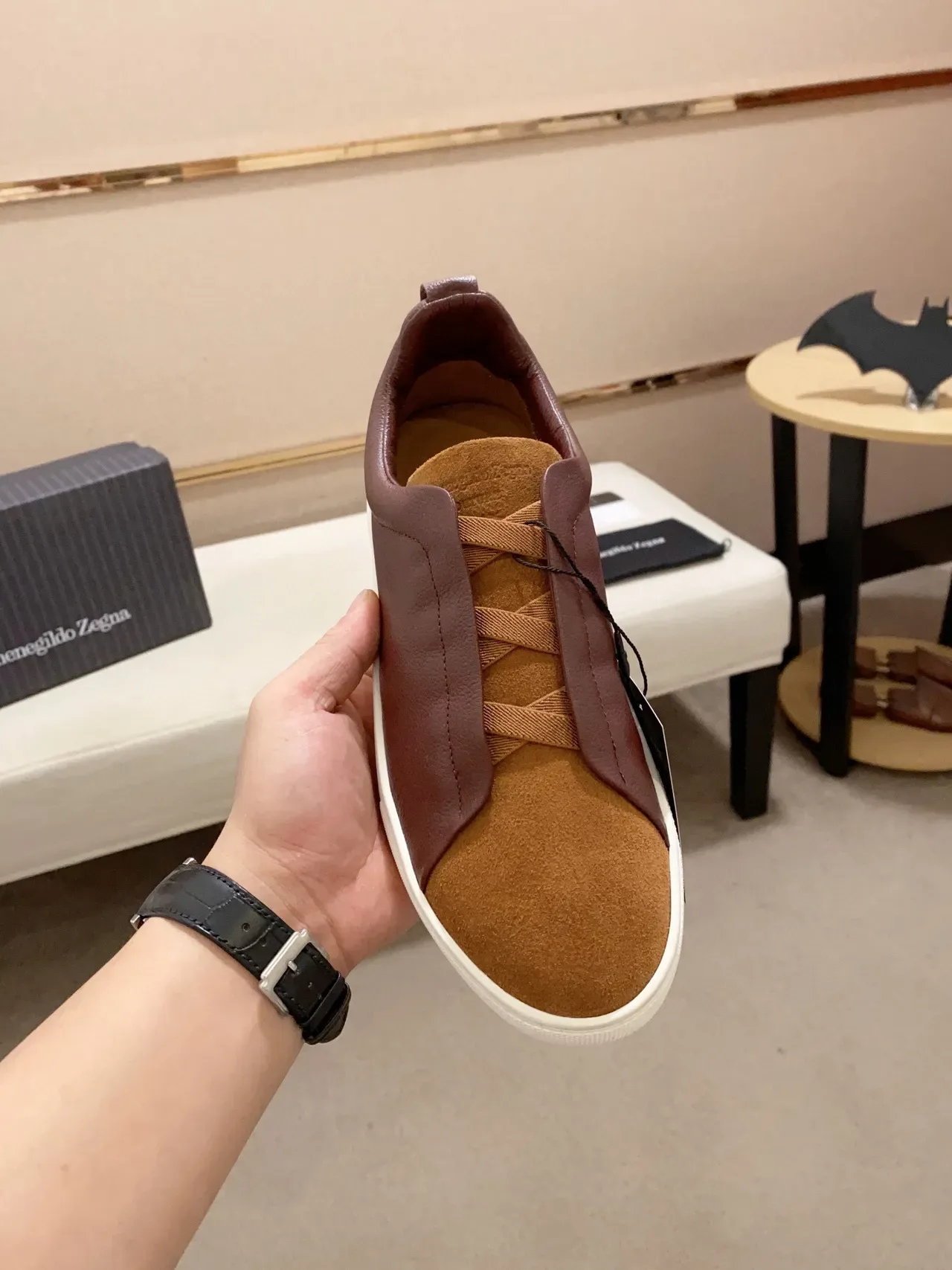 Zegna Tênis Slip-On Lifestyle de Couro e Camurça de Duas Cores 8