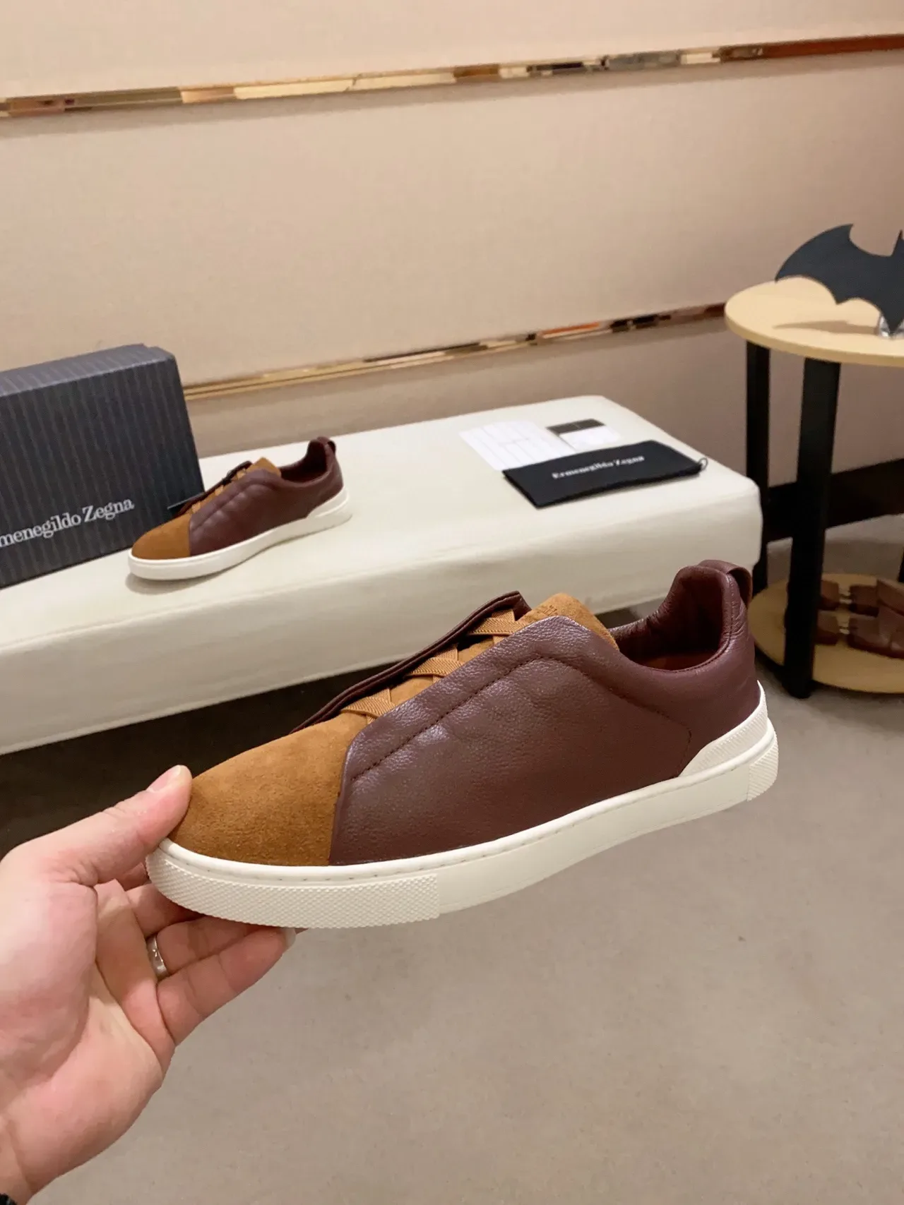 Zegna Tênis Slip-On Lifestyle de Couro e Camurça de Duas Cores 9