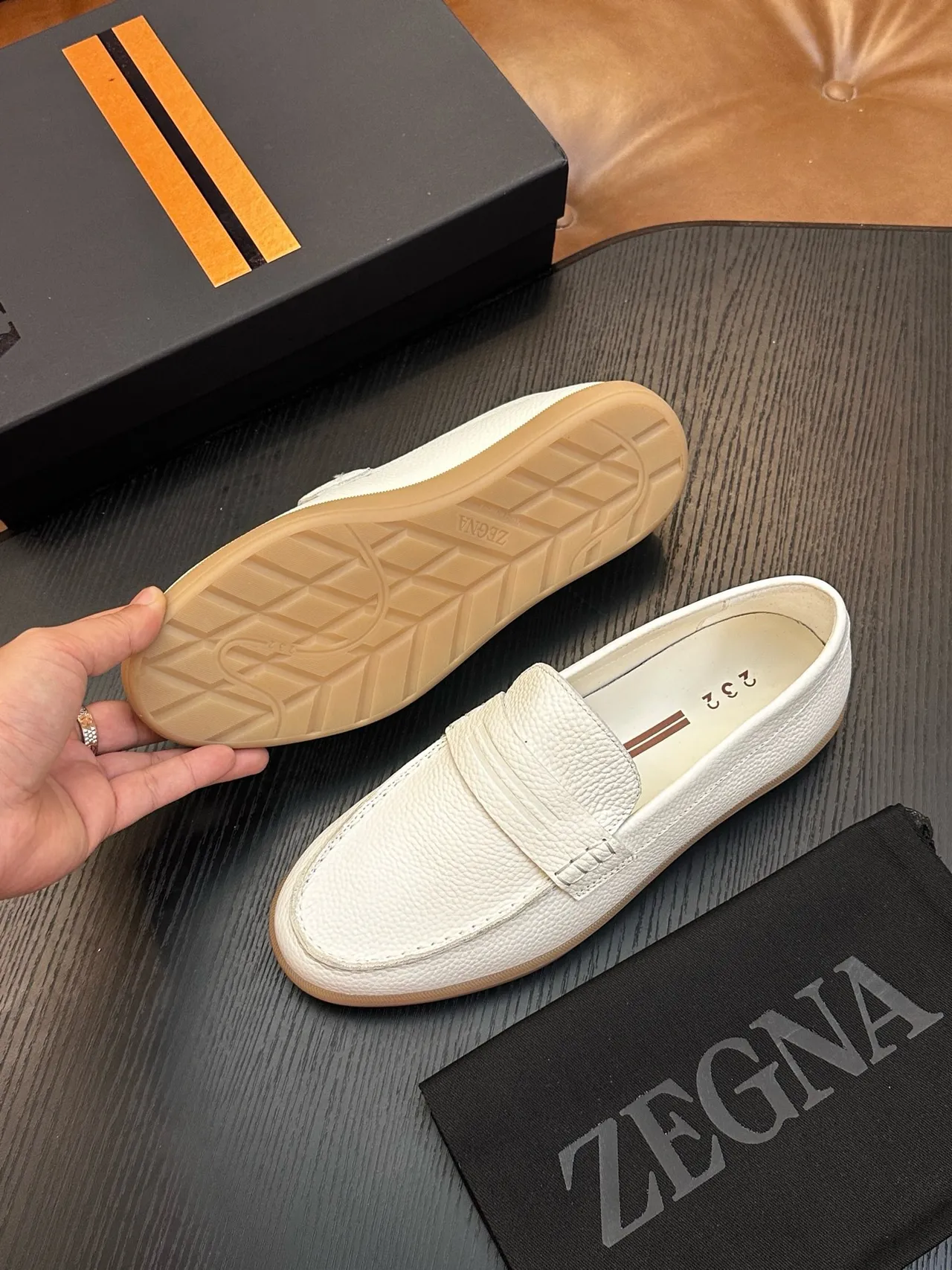 Zegna White Beige Pebbled Leather Penny Strap Loafer 2