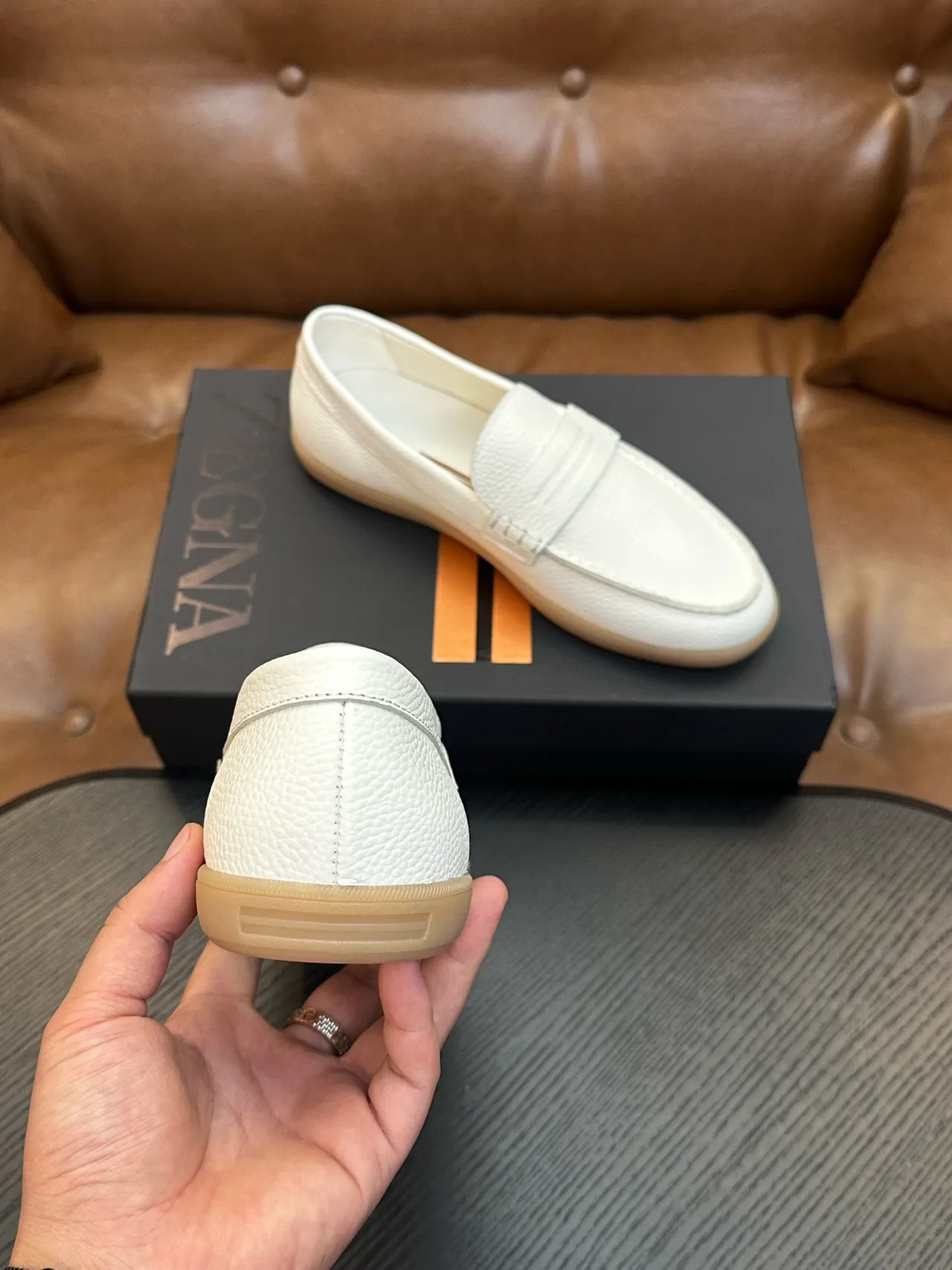 Zegna White Beige Pebbled Leather Penny Strap Loafer 3