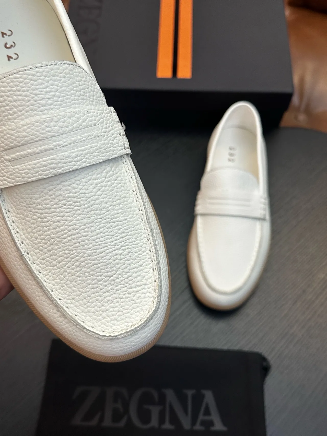 Zegna White Beige Pebbled Leather Penny Strap Loafer 4