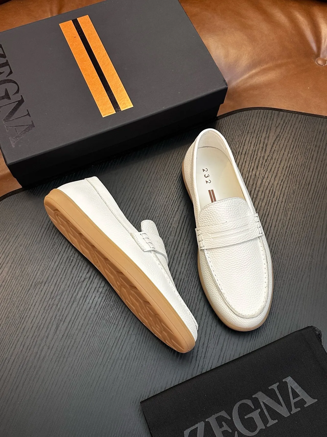 Zegna White Beige Pebbled Leather Penny Strap Loafer 5