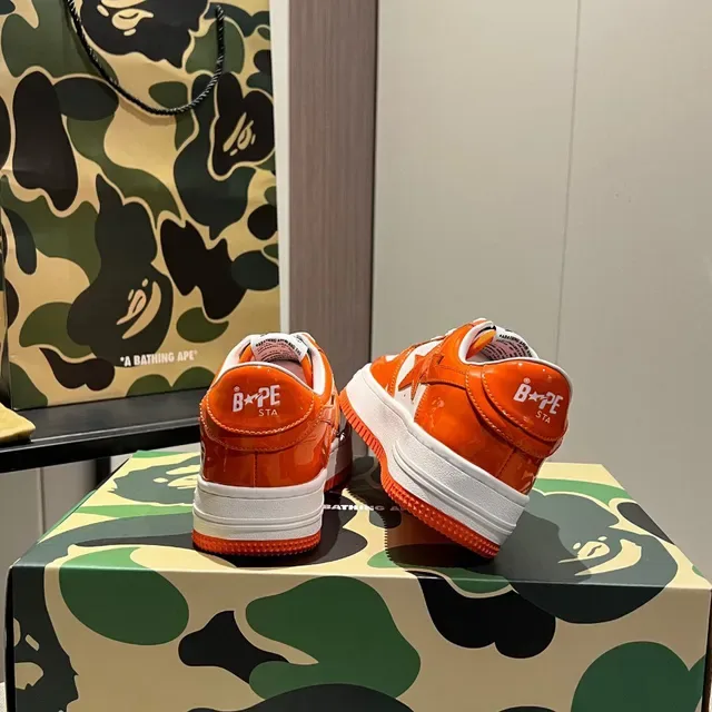 A Bathing Ape Orange White Patent Leather Perforated Toe Lifestyle Sneakers 6