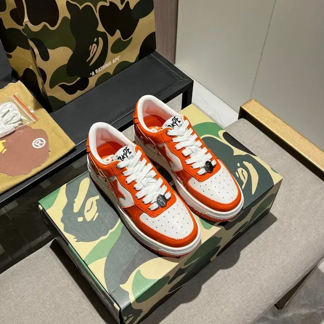 A Bathing Ape Orange White Patent Leather Perforated Toe Lifestyle Sneakers 7