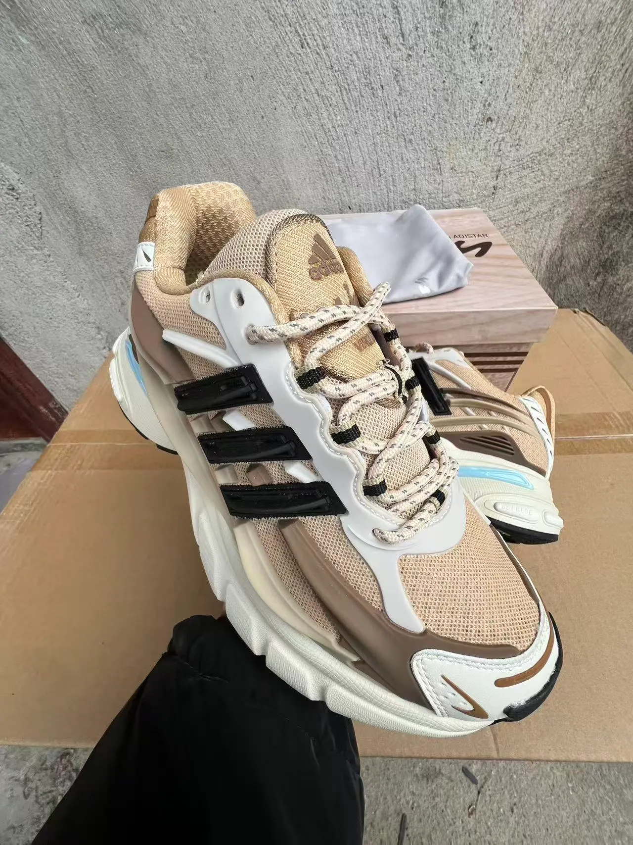 Adidas Beige Blue Sole Layered Cage Overlay Chunky Sneakers 2