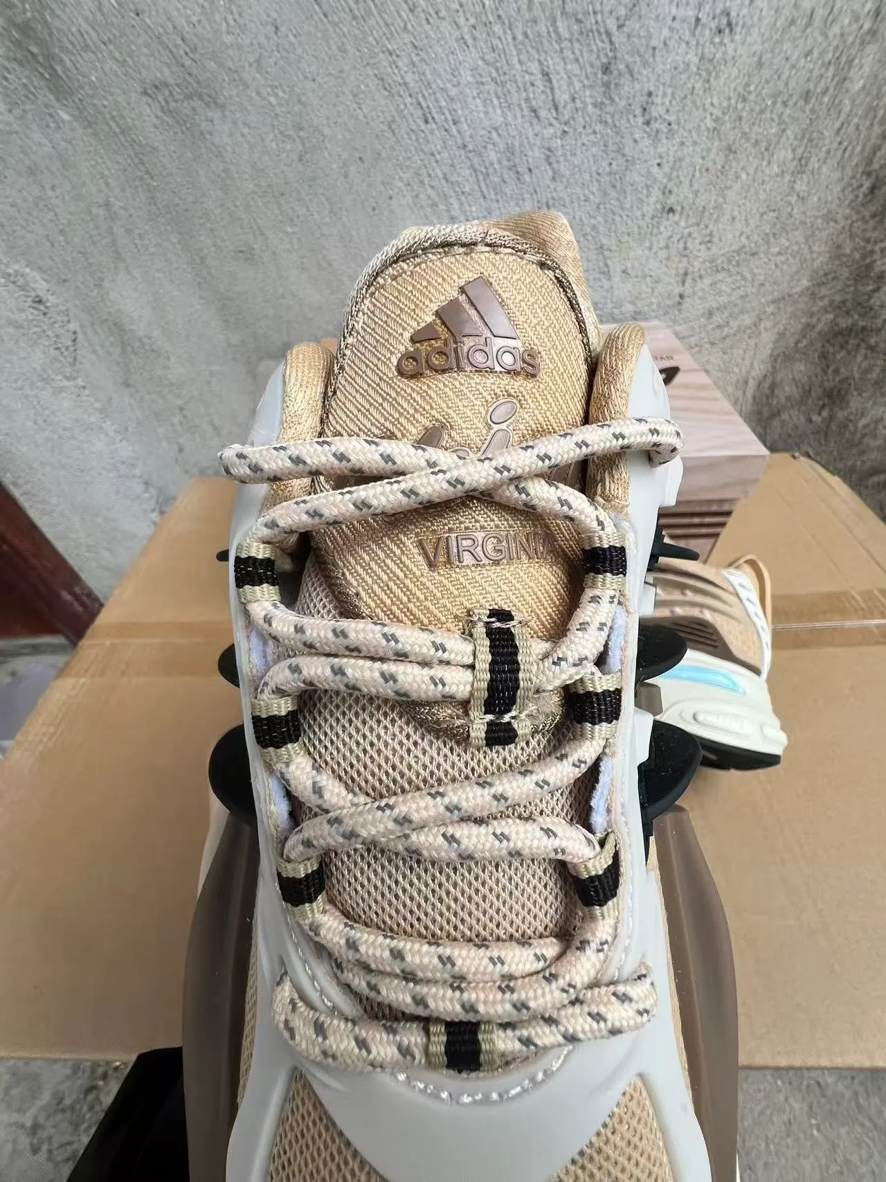 Adidas Beige Blue Sole Layered Cage Overlay Chunky Sneakers 4