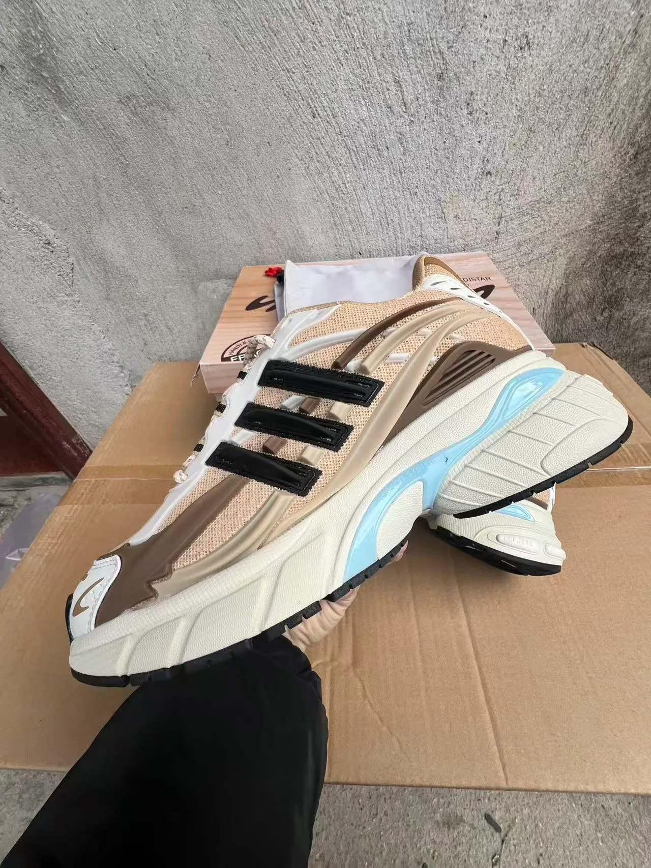 Adidas Beige Blue Sole Layered Cage Overlay Chunky Sneakers 5