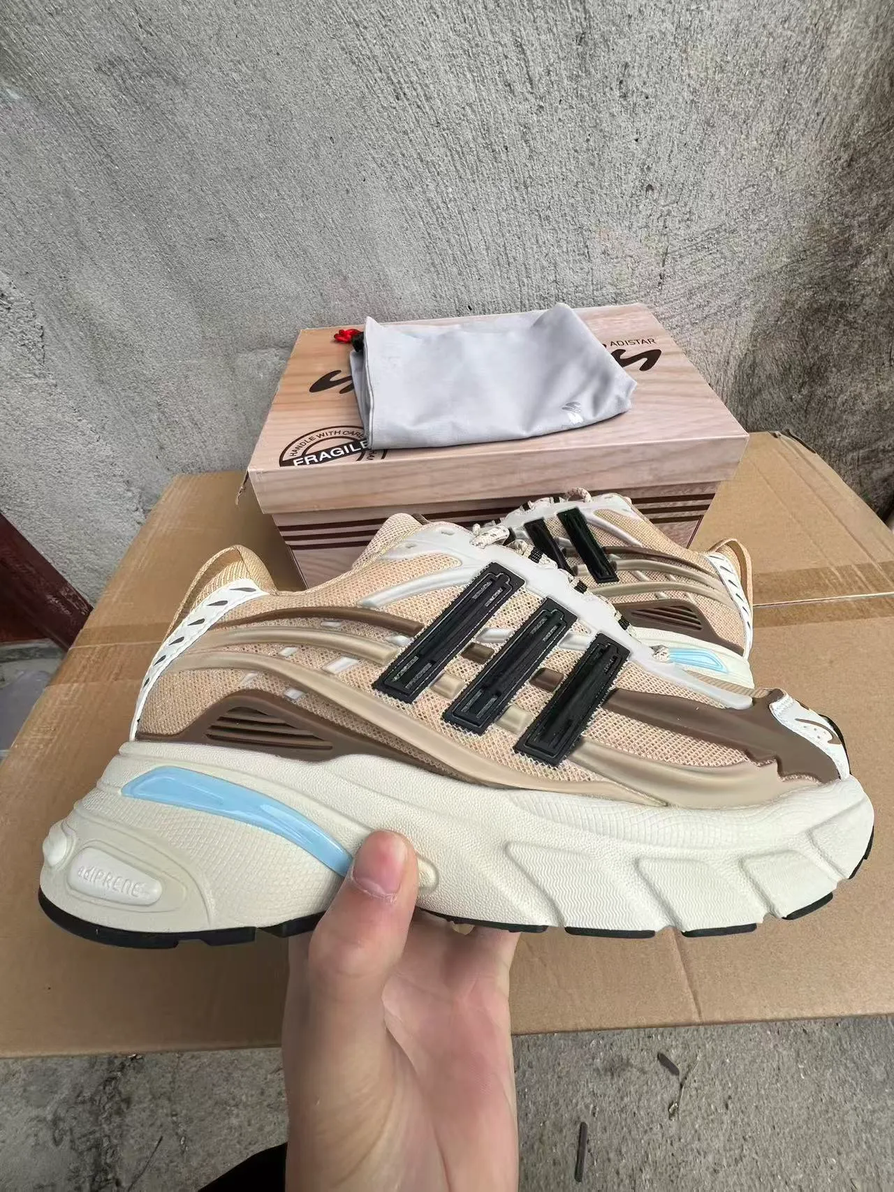 Adidas Beige Blue Sole Layered Cage Overlay Chunky Sneakers 7