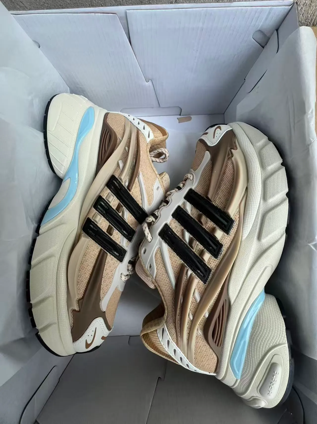 Adidas Beige Blue Sole Layered Cage Overlay Chunky Sneakers 9