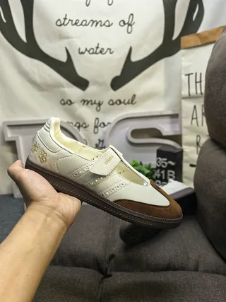Adidas Beige Brown Laceless T-Strap Perforated Vamp Lifestyle Sneakers 5