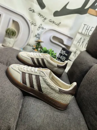 Adidas Beige Brown Woven Textile Upper Three Stripes Lifestyle Sneakers 7