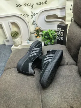 Adidas Black Beige Leather Upper Three-Stripe Side Panel Lifestyle Sneakers 6