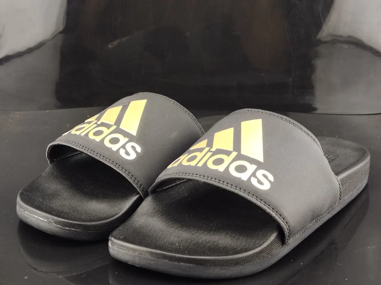 Adidas Black Gold Molded Sole Wide Stitched Strap Slippers 2