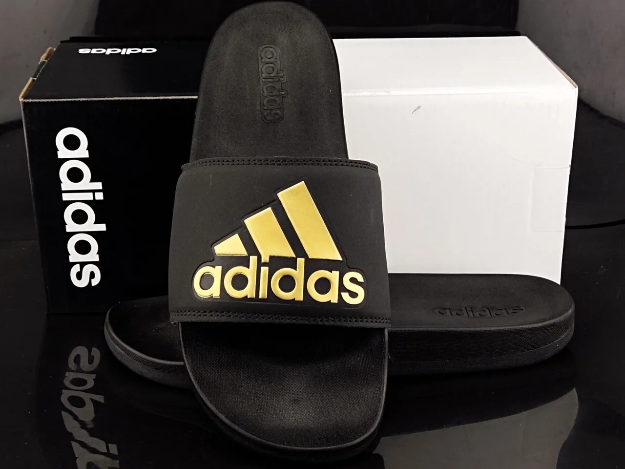 Adidas Black Gold Molded Sole Wide Stitched Strap Slippers 3