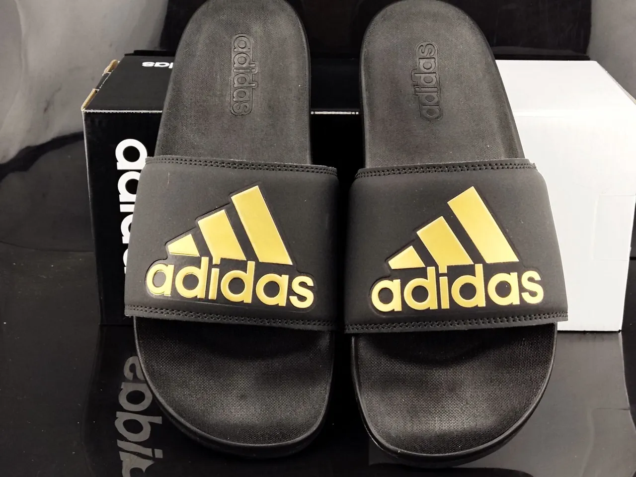 Adidas Black Gold Molded Sole Wide Stitched Strap Slippers 5