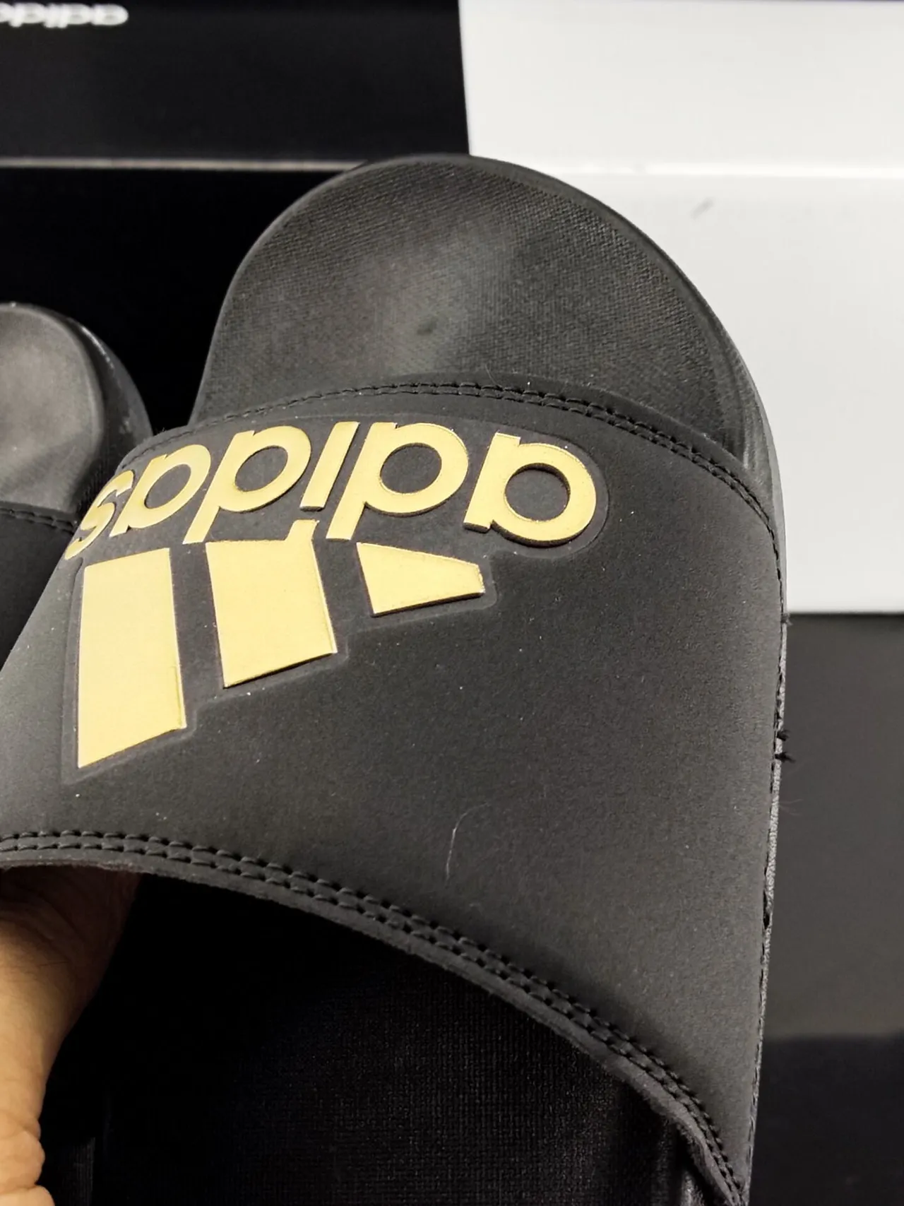 Adidas Black Gold Molded Sole Wide Stitched Strap Slippers 6