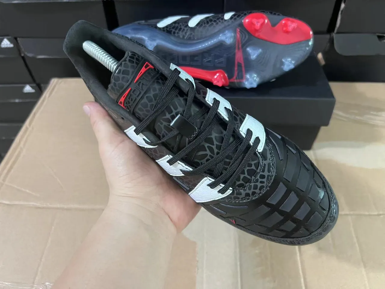 Adidas Black Red Textured Reptile-Print Upper Silver Three-Stripe Overlays Firm-Ground Soccer Shoes 3