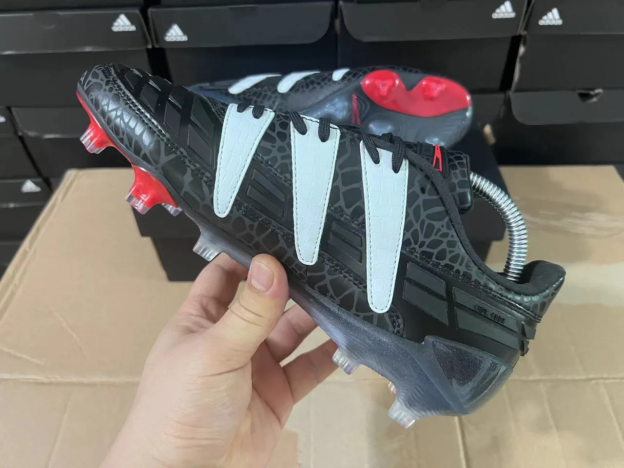 Adidas Black Red Textured Reptile-Print Upper Silver Three-Stripe Overlays Firm-Ground Soccer Shoes 5