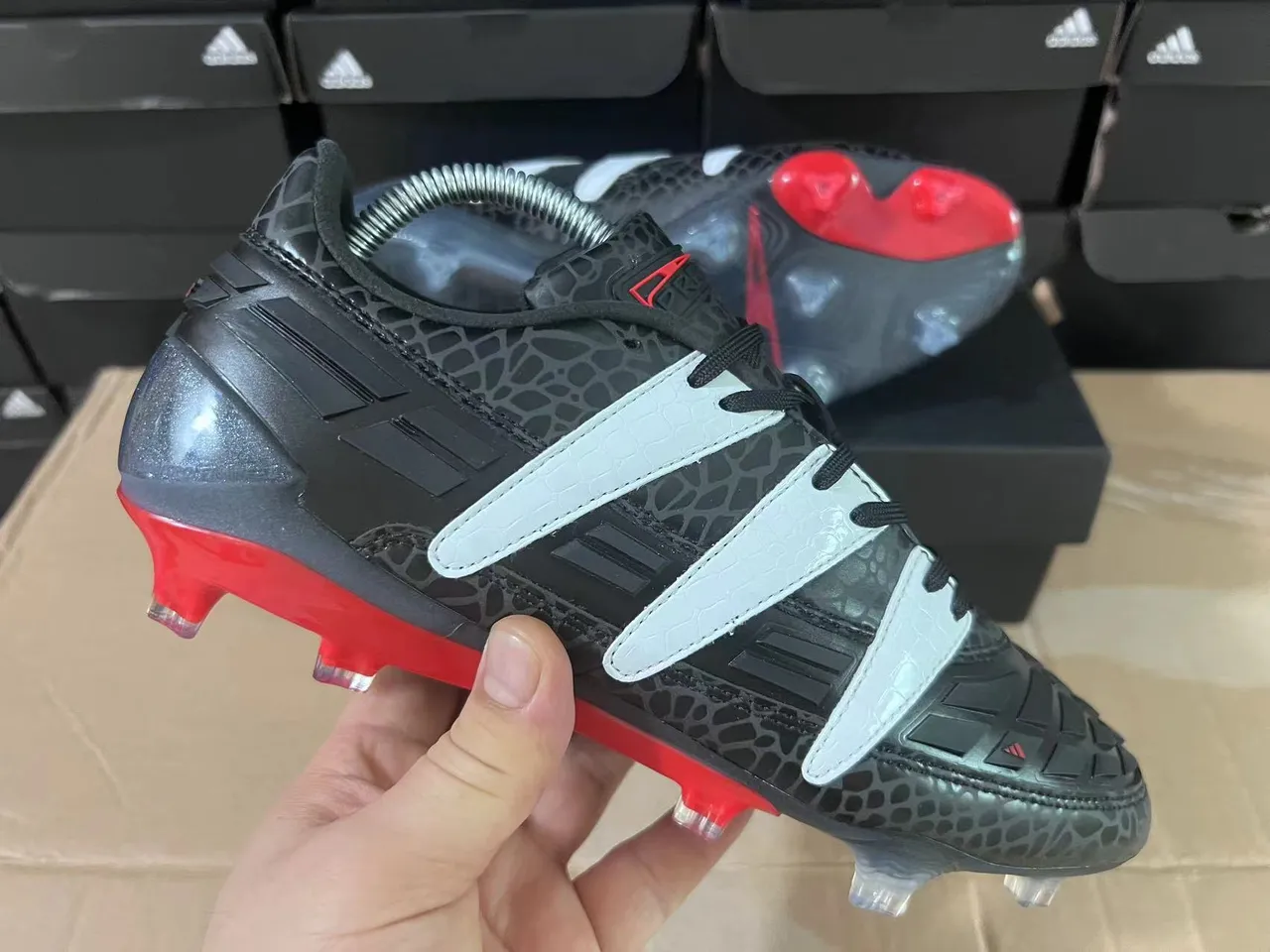 Adidas Black Red Textured Reptile-Print Upper Silver Three-Stripe Overlays Firm-Ground Soccer Shoes 6