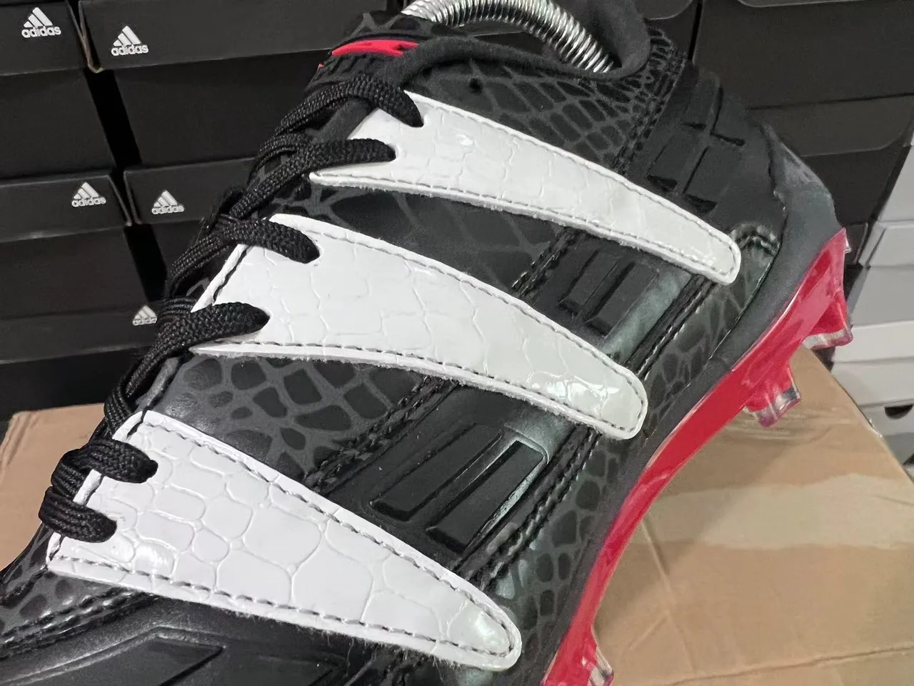 Adidas Black Red Textured Reptile-Print Upper Silver Three-Stripe Overlays Firm-Ground Soccer Shoes 7