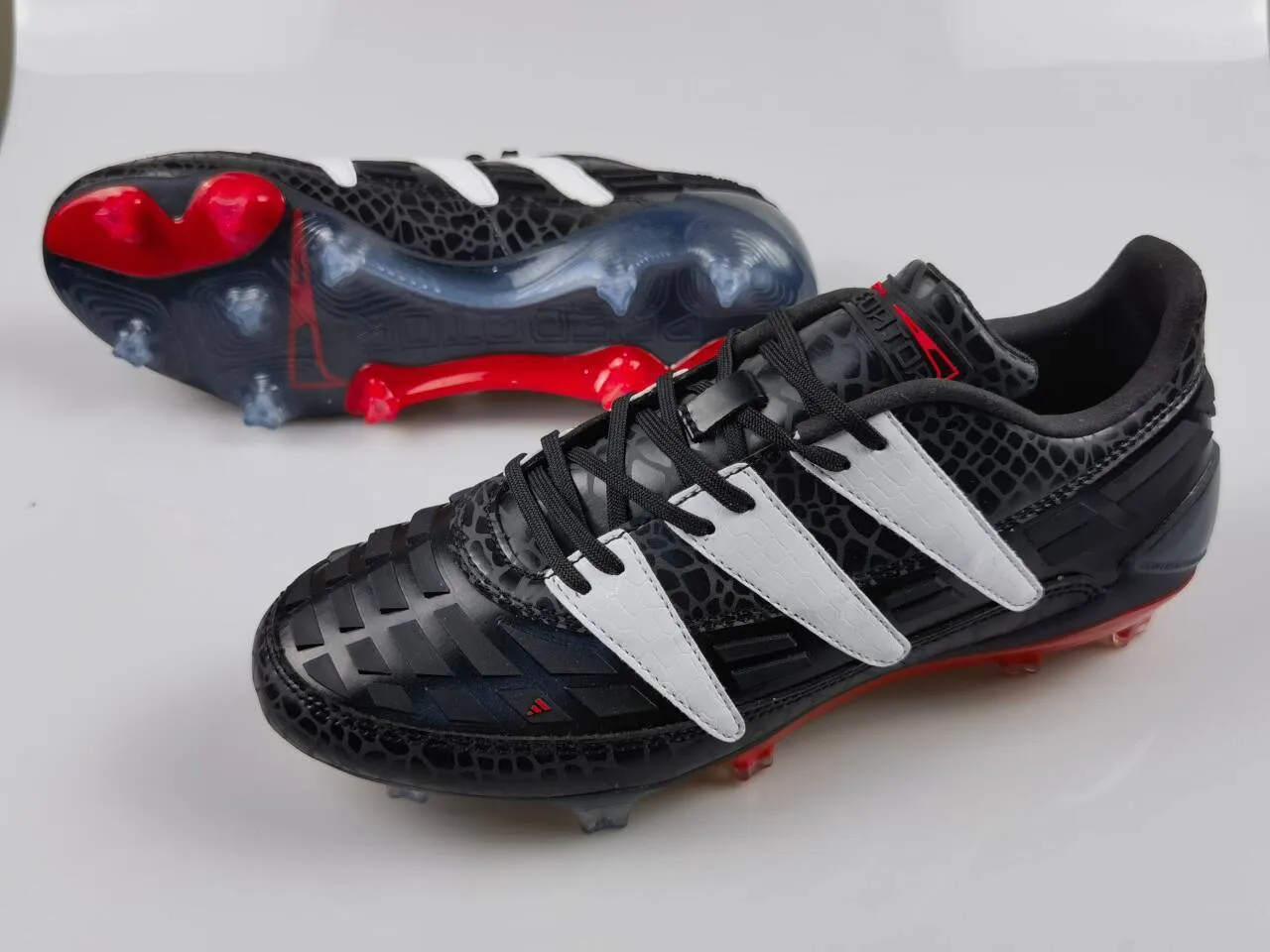 Adidas Black Red Textured Reptile-Print Upper Silver Three-Stripe Overlays Firm-Ground Soccer Shoes 13