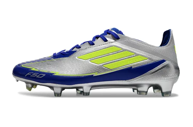 Adidas F50 Silver Blue Chaussures de football à tige synthétique basse finition métallique pour terrain ferme 7