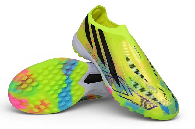 Adidas F50 Amarelo Multicolor Slip-On Ajuste de meia Superior Três listras Marca lateral Gramado Sapatos de futebol 1