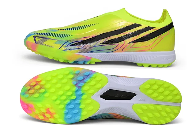 Adidas F50 Amarelo Multicolor Slip-On Ajuste de meia Superior Três listras Marca lateral Gramado Sapatos de futebol 5