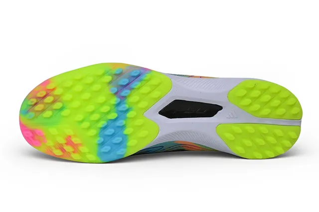 Adidas F50 Amarelo Multicolor Slip-On Ajuste de meia Superior Três listras Marca lateral Gramado Sapatos de futebol 6