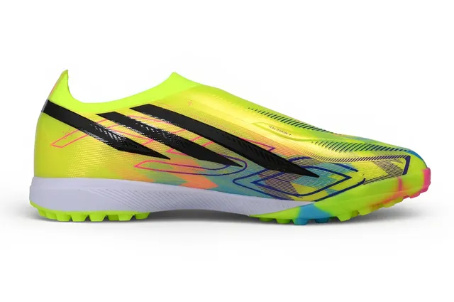 Adidas F50 Amarelo Multicolor Slip-On Ajuste de meia Superior Três listras Marca lateral Gramado Sapatos de futebol 7
